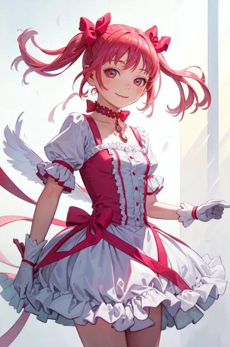 <lora:Madoka:1> MadokaAi, kaname madoka, pink eyes, pink hair, short hair, bangs, short twintails, small breasts, magical girl, rose, hair bow, hair ribbon, bow, ribbon, red ribbon, pink bow, red choker, ribbon choker, collarbone, soul gem, frills, dress, buttons, puffy sleeves, frilled sleeves, white gloves, bubble skirt, socks, shoes,
smile, abstract background, reaching towards viewer, open hand, pink and white white background, cowboy shot, bow, <lora:Range_murata_style_v02:0.8>, absurdres, ultra detailed, masterpiece, best quality, aesthetic, detailed,