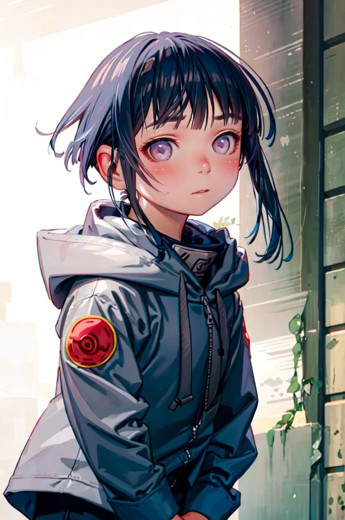 solo, shy, blush, looking down, pov, facing viewer, <lora:hinata_hyuuga:0.75> hinata_hyuuga, white eyes, no pupils, short hair, blue hair, blunt bangs, sidelocks, hoodie, forehead protector, jacket, blue pants, <lora:Range_murata_style_v02:0.8>, absurdres, ultra detailed, masterpiece, best quality, aesthetic, detailed,