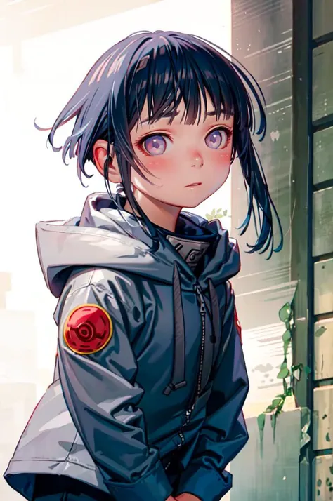 solo, shy, blush, looking down, pov, facing viewer,  <lora:hinata_hyuuga:0.75> hinata_hyuuga, white eyes, no pupils, short hair, blue hair, blunt bangs, sidelocks, hoodie, forehead protector, jacket, blue pants,   <lora:Range_murata_style_v02:0.8>, absurdres, ultra detailed, masterpiece, best quality, aesthetic, detailed,