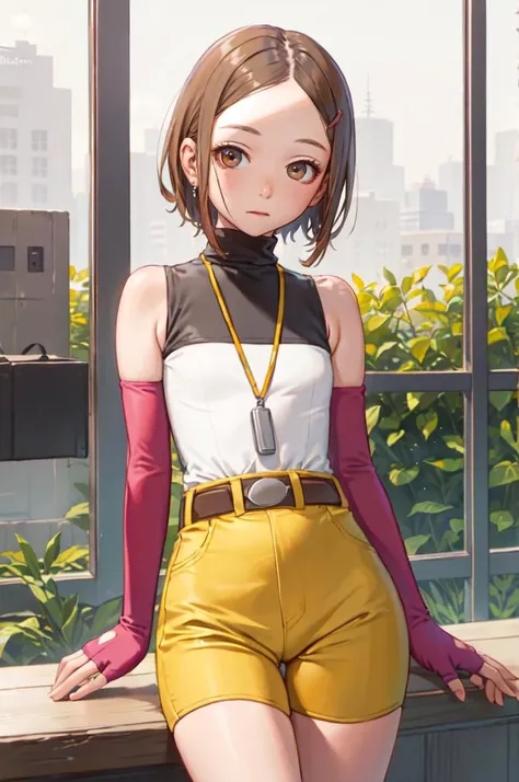 <lora:Hikari:1> HikariDef, brown eyes, red eyes, brown hair, short hair, hair ornament, hairclip, sleeveless shirt, turtleneck, bare shoulders, elbow gloves, fingerless gloves, high-waist shorts, yellow shorts, belt, jewelry, <lora:Range_murata_style_v02:0.8> straight-on,, absurdres, ultra detailed, masterpiece, best quality, aesthetic, detailed,