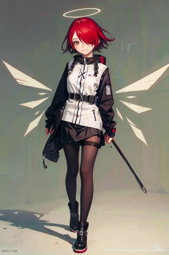 <lora:exusiai:1> exusiai, 1girl, solo, red hair, short hair, brown eyes, hair over one eye, halo, jacket, belt, black pantyhose, detached wings, black skirt, fingerless gloves, smile, <lora:Range_murata_style_v02:0.8>, absurdres, ultra detailed, masterpiece, best quality, aesthetic, detailed,