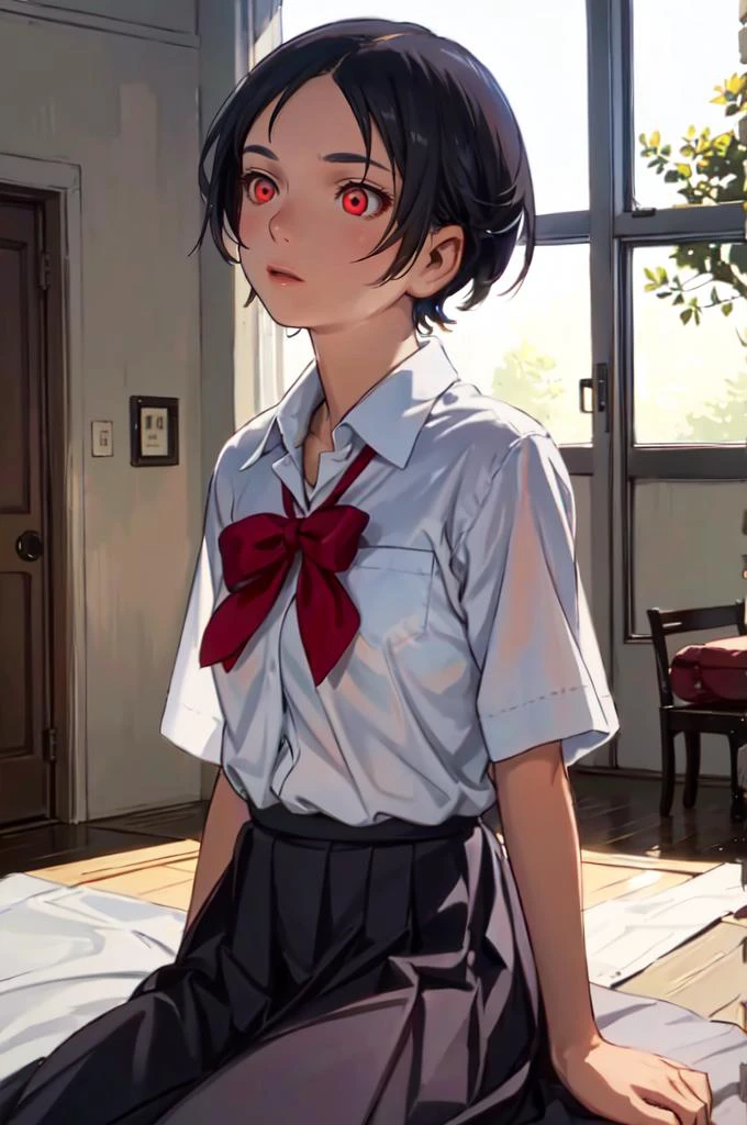<lora:Otonashi_Saya:0.9> otonashisaya, white shirt, red bow, skirt, glowing eyes, <lora:Range_murata_style_v02:0.8>, absurdres, ultra detailed, masterpiece, best quality, aesthetic, detailed,