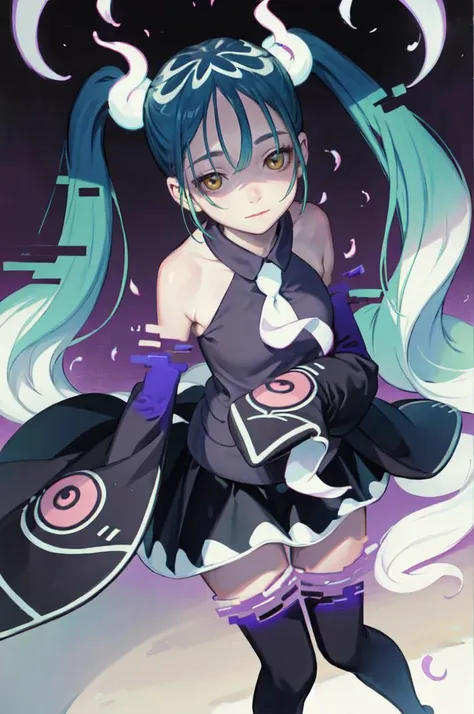 <lora:mikughost:1> gosutomiku, twintails, blue hair, yellow eyes, detached sleeves, sleeves past wrists, bare shoulders, thighhighs, necktie, skirt, glitch, will-o-wisp, creepy smile, <lora:Range_murata_style_v02:0.8>, absurdres, ultra detailed, masterpiece, best quality, aesthetic, detailed,