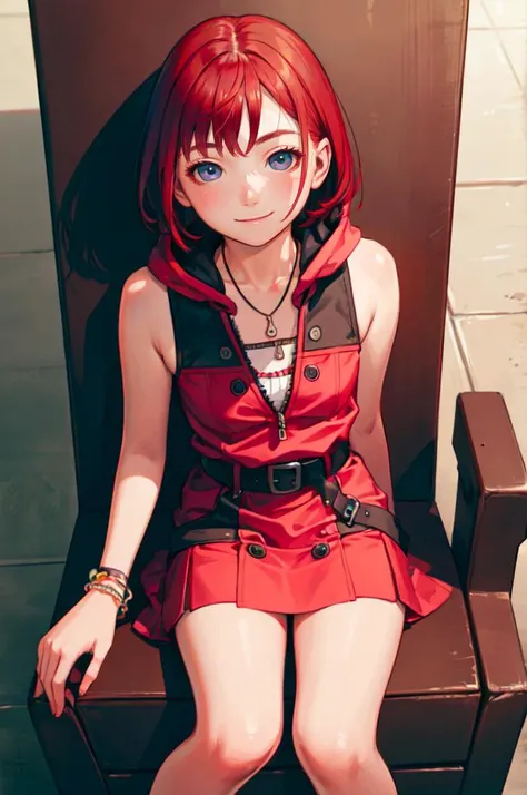 smile, sitting, fantasy throne, <lora:kairi_v1:0.7> cckairi, medium hair, necklace, bare shoulders, hoodie, buttons, sleeveless, bracelet, belt buckle, black belt, pink skirt, <lora:Range_murata_style_v02:0.8>, absurdres, ultra detailed, masterpiece, best quality, aesthetic, detailed,