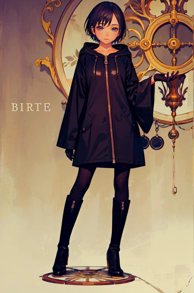 straight-on, solo, <lora:xion_(kingdom_hearts)_1:0.7> aaxion, short hair, hood, black coat, hooded coat, zipper, long sleeves, black pantyhose, black gloves, black knee boots, <lora:Range_murata_style_v02:0.8>, absurdres, ultra detailed, masterpiece, best quality, aesthetic, detailed,