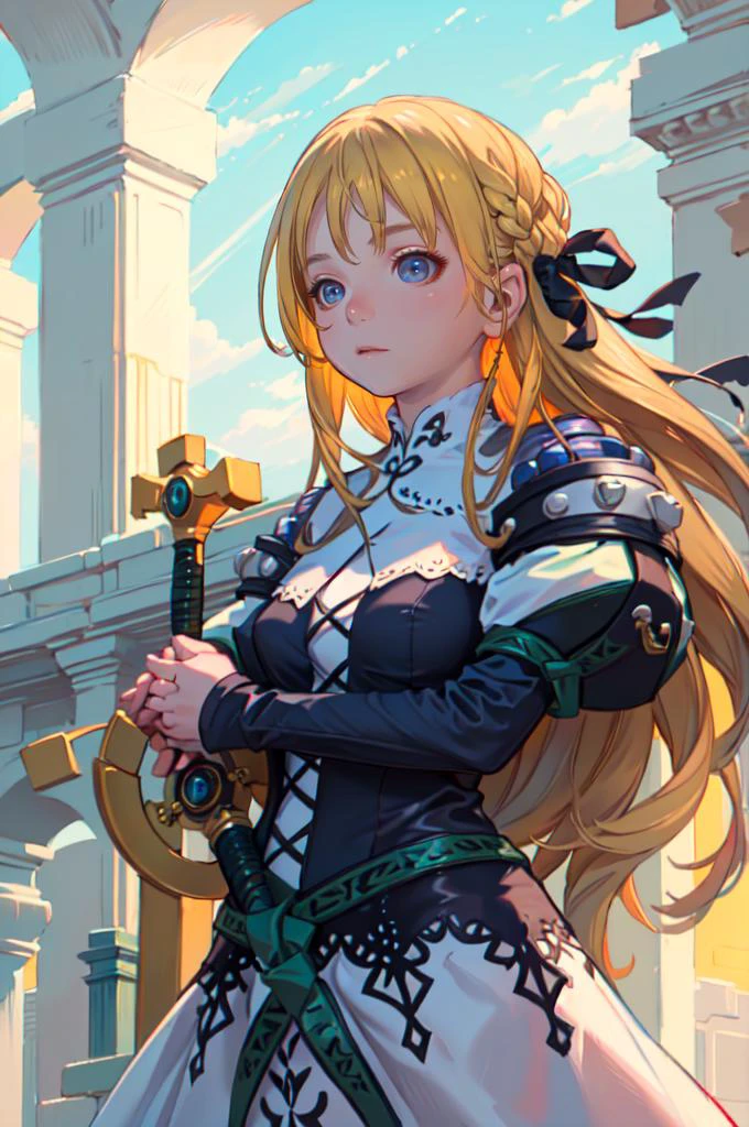straight-on,(planted sword, hands on hilt:1.4), throne room, standing, <lora:yggdraunion_artwaltz:1> yggdra yuril artwaltz, blue eyes, blonde hair, hair ribbon, dress, armor, <lora:Range_murata_style_v02:0.8>, absurdres, ultra detailed, masterpiece, best quality, aesthetic, detailed,