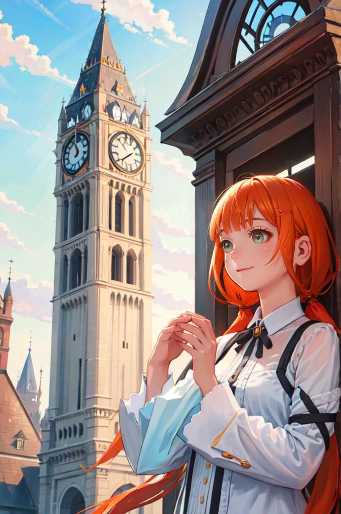 smile, straight-on, hands up, clenched hands, (clock tower:1.3), outdoors, <lora:Strelitzia:0.8> khstrelitzia, low twintails, <lora:Range_murata_style_v02:0.8>, absurdres, ultra detailed, masterpiece, best quality, aesthetic, detailed,