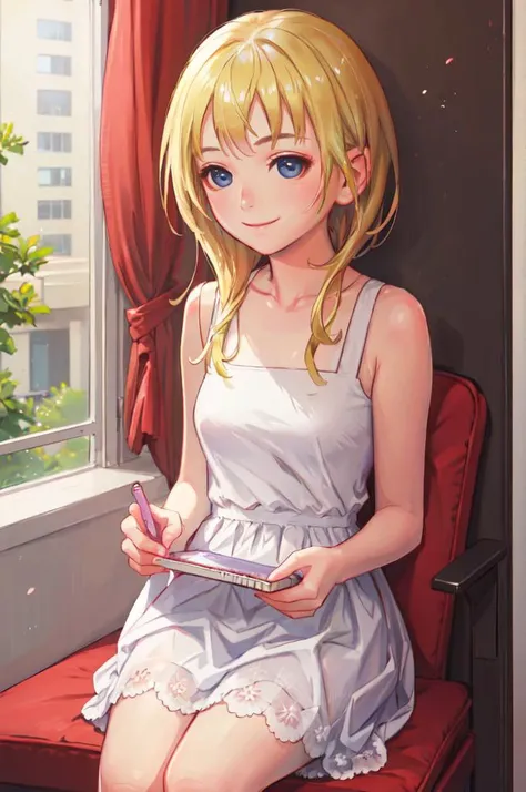 sitting, smile, holding pencil, <lora:namine_v1:0.7> aanamine, blonde hair, bare shoulders, white dress, <lora:Range_murata_style_v02:0.8>, absurdres, ultra detailed, masterpiece, best quality, aesthetic, detailed,