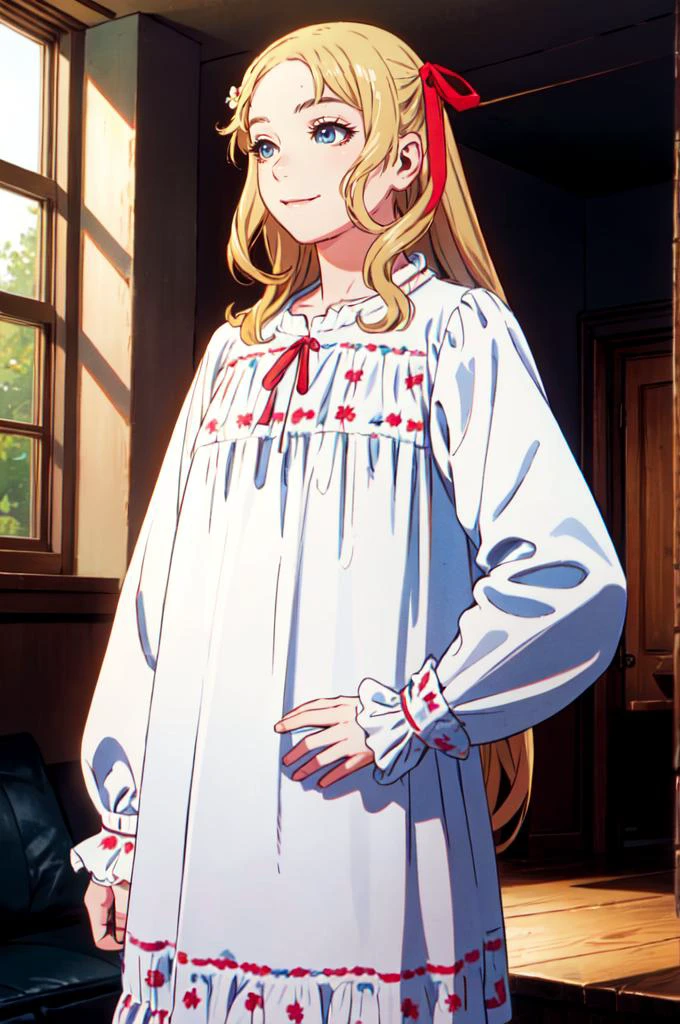 solo, cowboy shot, smile, hands on own hips, <lora:CastlevaniaMaria-v1:0.6> ChopioMaria, blue eyes, blonde hair, very long hair, wavy hair, eyelashes, outfit_2, red hair ribbon, sleepwear, white nightgown, white ribbon, puffy long sleeves, sleeves past wrists, <lora:Range_murata_style_v02:0.8>, absurdres, ultra detailed, masterpiece, best quality, aesthetic, detailed,