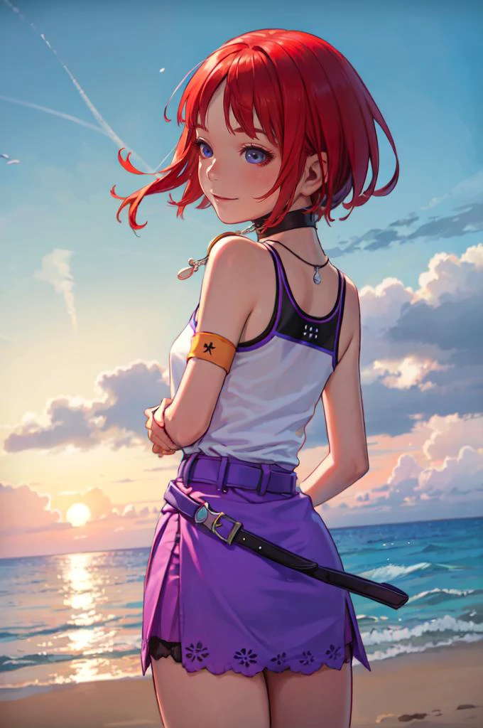 solo, smile, sea, ocean, beach, looking back, arms behind back, sunset, <lora:kairi_v1:0.7> aakairi, short hair, blue eyes, necklace, choker, tank top, white shirt, armband, wristband, midriff, purple belt, purple skirt, <lora:Range_murata_style_v02:0.8>, absurdres, ultra detailed, masterpiece, best quality, aesthetic, detailed,