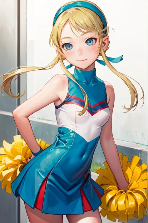 solo, <lora:heroman_linadavis:0.9> lina davis, blue eyes, blonde hair, hairband, cheerleader, dress, bare shoulders, <lora:Range_murata_style_v02:0.8> blush, smile, pom pom \(cheerleading\), straight-on,, absurdres, ultra detailed, masterpiece, best quality, aesthetic, detailed,
