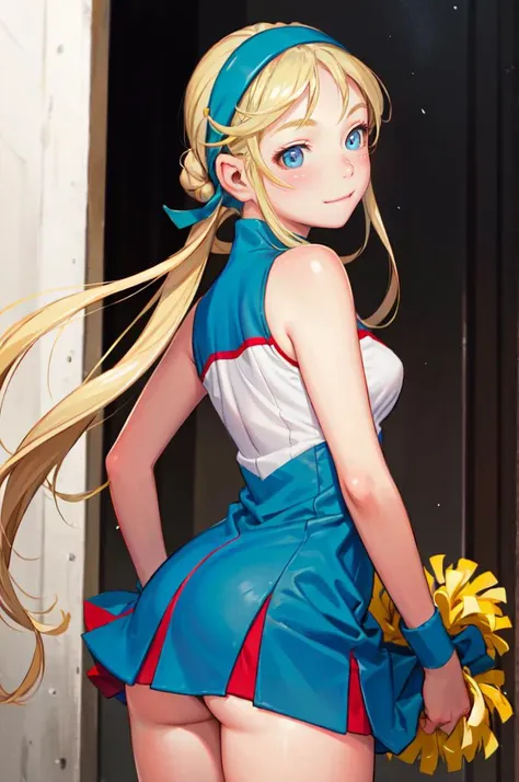 solo, <lora:heroman_linadavis:0.9> lina davis, blue eyes, blonde hair, hairband, cheerleader, dress, bare shoulders,    <lora:Range_murata_style_v02:0.8> blush, smile, pom pom \(cheerleading\), straight-on, from behind, ass,, absurdres, ultra detailed, masterpiece, best quality, aesthetic, detailed,