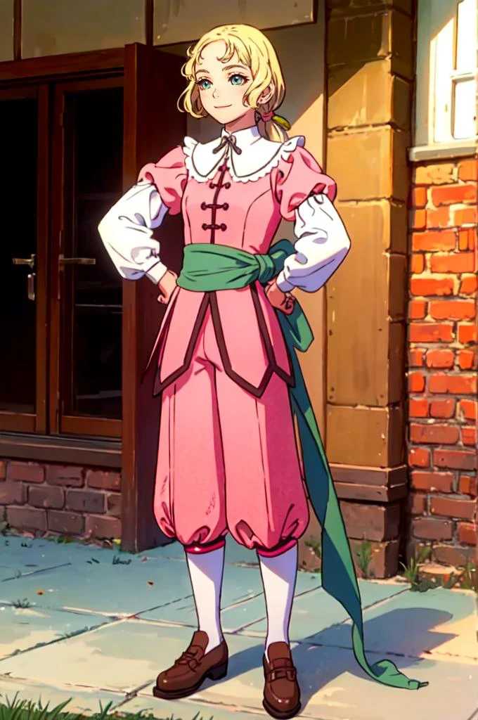 solo, cowboy shot, smile, hands on own hips, <lora:CastlevaniaMaria-v1:0.6> ChopioMaria, blue eyes, blonde hair, very long hair, wavy hair, eyelashes, ||outfit_1, green hair ribbon, low ponytail, pink dress, white collar, pilgrim collar, white ribbon, frills, puffy sleeves, juliet sleeves, green sash, pink pants, layered pants, shoes, brown footwear, <lora:Range_murata_style_v02:0.8>, absurdres, ultra detailed, masterpiece, best quality, aesthetic, detailed,