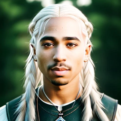 emb_tupac, african american man, (white fade hair:1.38), gentle smile, the witcher, geralt of rivia cosplay, photo, DSLR, 50mm, 35mm