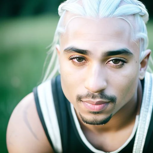 emb_tupac, african american man, (white fade hair:1.38), gentle smile, the witcher, geralt of rivia cosplay, photo, DSLR, 50mm, 35mm