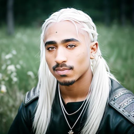 emb_tupac, african american man, (white fade hair:1.38), gentle smile, the witcher, geralt of rivia cosplay, photo, DSLR, 50mm, 35mm