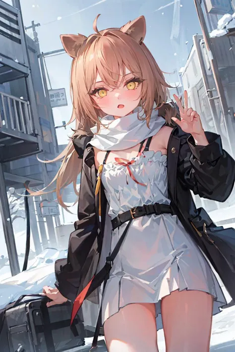 masterpiece,1girl ,solo, <lora:RurudoLionV1-000006:1>,lion_ears,<lora:kincoraStyleLora66MB_8DimUNETOnlyFORNAI:0.5>,black coat, scarf, snowing,