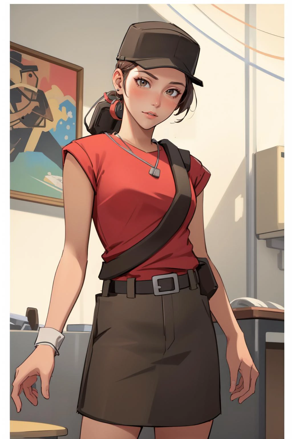 (masterpiece, best quality), intricate details,
1iglr, red shirt, brown hat, brown skirt, <lora:tf2scoutlorav1:0.8> tf2scout, medium breasts,