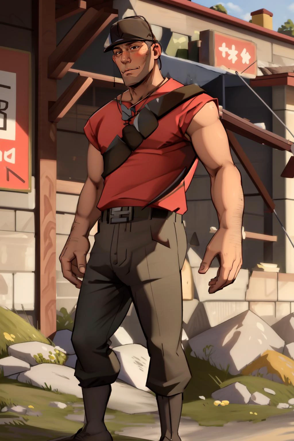 (masterpiece, best quality), intricate details,
1boy, male, red shirt, brown hat, brown pants, <lora:tf2scoutlorav1:0.8> tf2scout, <lora:ticktockLora:0.8> scout_tf2, by GenerIButtNaked, by Hazylulu, by machosoldier, by NCalabby, by remert, by sniperstalker, muscular, hairy chest, torn shirt,