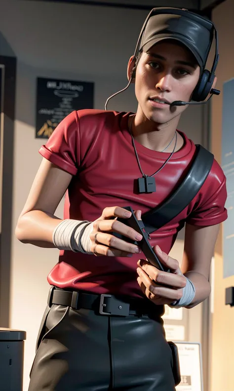 (best quality, masterpiece:1.2), (realistic, photo realistic:1.3), UHD, high detail color photo, extremely detailed CG unity 8k wallpaper, sharp focus, (realistic skin), perfect anatomy, perfect hands, (cinematic lighting), half-length portrait , 
solo, tf2scout, 1boy, baseball cap, headset, dog tags, bandaged hand, <lora:tf2scoutlorav1:1>