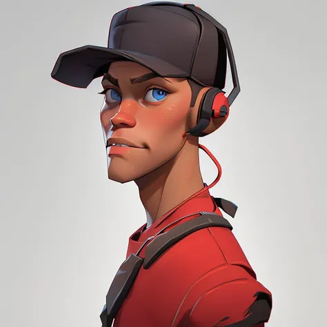 solo, tf2scout, 1boy, blue eyes, red shirt, baseball cap, headset, headshot portrait, looking at viewer, close-up, detailed background, forest, <lora:tf2scoutlorav1:1>