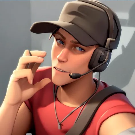solo, tf2scout, 1boy, blue eyes, red shirt, baseball cap, headset, headshot portrait, looking at viewer, close-up, detailed background, forest, <lora:tf2scoutlorav1:1>