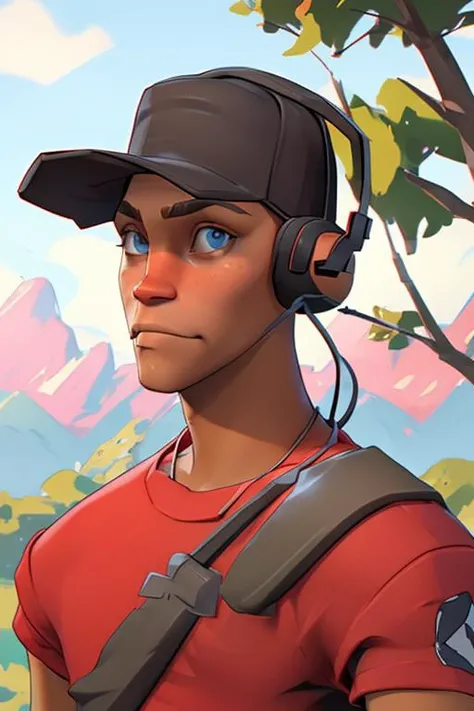 solo, tf2scout, 1boy, blue eyes, red shirt, baseball cap, headset, looking at viewer, detailed background, forest, mountains, front view , <lora:tf2scoutlorav1:1>