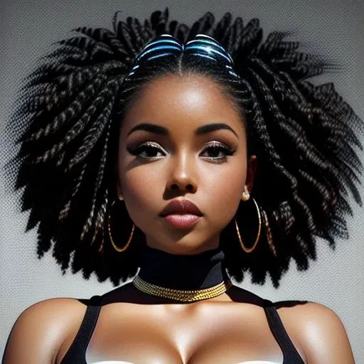 a photo portrait of a beautiful woman, fashion clothing, long black afro, art by sierra2024 <lora:epiNoiseoffset_v2Pynoise:1>, best quality masterpiece, photorealistic, detailed, 8k, HDR, shallow depth of field, broad light, high contrast, backlighting, bloom, light sparkles, chromatic aberration, sharp focus, RAW color photo, cinematic lighting, octane render, volumetric lighting
