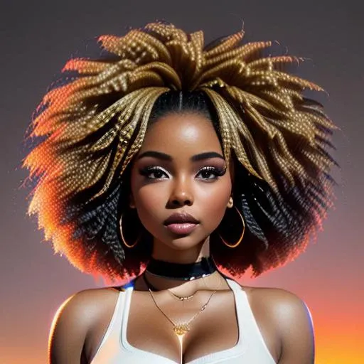 a photo portrait of a beautiful woman, fashion clothing, long black afro, art by sierra2024 <lora:epiNoiseoffset_v2Pynoise:1>, best quality masterpiece, photorealistic, detailed, 8k, HDR, shallow depth of field, broad light, high contrast, backlighting, bloom, light sparkles, chromatic aberration, sharp focus, RAW color photo, cinematic lighting, octane render, volumetric lighting