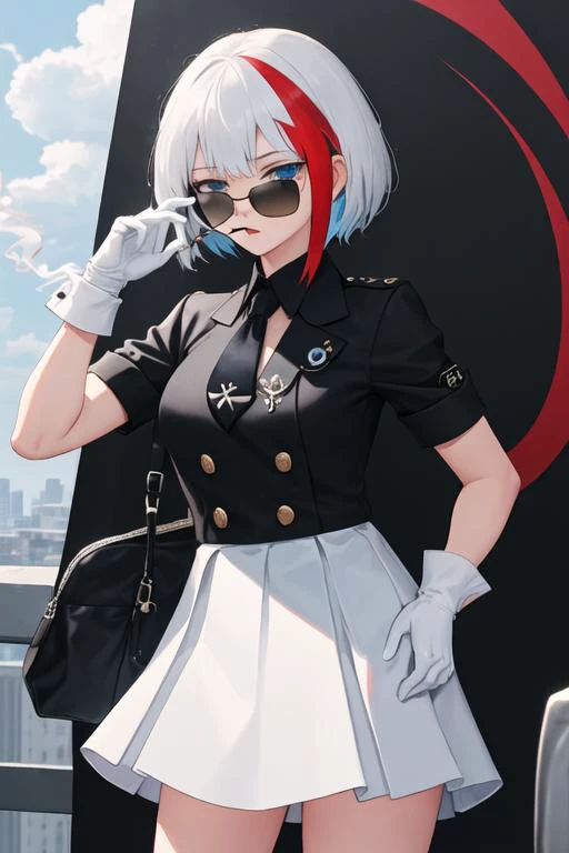 best quality, masterpiece, highres, solo, {black business suit:1.40}, {tie:1.20}, {sunglasses:1.25}, {white gloves:1.15}, {white shirt:1.10}, {black skirt:1.15}, {smoking:1.20}, handsome, {admiral_graf_spee_azurlane:1.15}, multicolored_hair, short_hair, streaked_hair, red_hair, blue_eyes, white_hair, bangs, blush, breasts, grey_hair