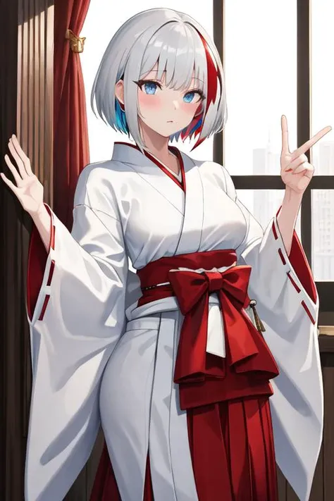 best quality, masterpiece, highres, solo, {white kimono:1.35}, {red hakama:1.35}, {wide sleeves:1.20}, {admiral_graf_spee_azurlane:1.15}, multicolored_hair, short_hair, streaked_hair, red_hair, blue_eyes, white_hair, bangs, blush, breasts, grey_hair