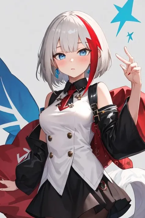 best quality, masterpiece, highres, solo, {admiral_graf_spee_azurlane:1.15}, multicolored_hair, short_hair, streaked_hair, red_hair, blue_eyes, white_hair, bangs, blush, breasts, grey_hair