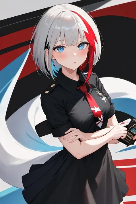 best quality, masterpiece, highres, solo, {admiral_graf_spee_azurlane:1.15}, multicolored_hair, short_hair, streaked_hair, red_hair, blue_eyes, white_hair, bangs, blush, breasts, grey_hair, 1girl, black_dress, dress, food, necktie, red_necktie, short_sleeves, simple_background, holding, looking_at_viewer