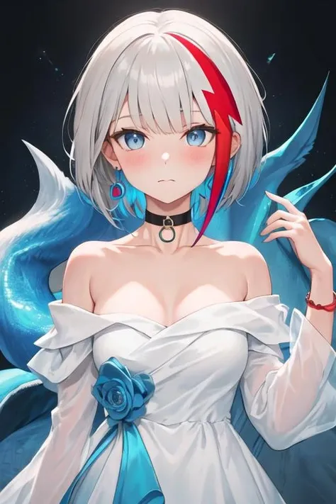best quality, masterpiece, highres, solo, {admiral_graf_spee_azurlane:1.15}, multicolored_hair, short_hair, streaked_hair, red_hair, blue_eyes, white_hair, bangs, blush, breasts, grey_hair, 1girl, bare_shoulders, dress, earrings, jewelry, looking_at_viewer, blue_dress, choker, closed_mouth, collarbone, off_shoulder