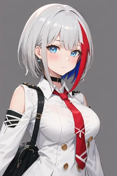 best quality, masterpiece, highres, solo, {admiral_graf_spee_azurlane:1.15}, multicolored_hair, short_hair, streaked_hair, red_hair, blue_eyes, white_hair, bangs, blush, breasts, grey_hair, 1girl, black_dress, buttons, double-breasted, necktie, red_necktie, short_sleeves, simple_background, upper_body, white_background, looking_at_viewer, closed_mouth, short_necktie