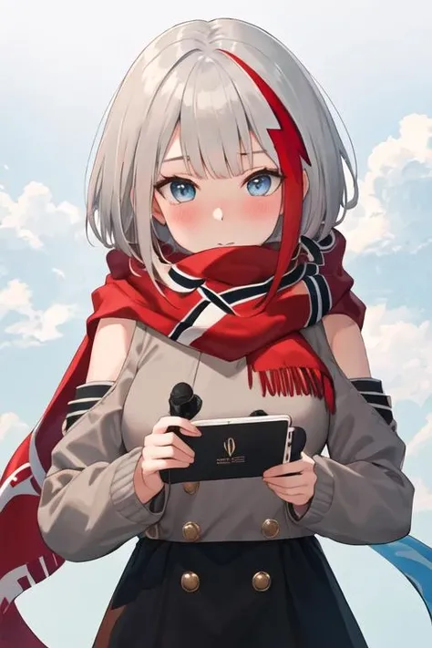 best quality, masterpiece, highres, solo, {admiral_graf_spee_azurlane:1.15}, multicolored_hair, short_hair, streaked_hair, red_hair, blue_eyes, white_hair, bangs, blush, breasts, grey_hair, 1girl, red_scarf, scarf, sidelocks, covered_mouth, looking_at_viewer, scarf_over_mouth, cloud, cross