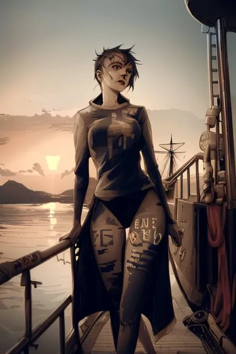standing skinny emo girl, on a ship. schematic , rzminjourney
