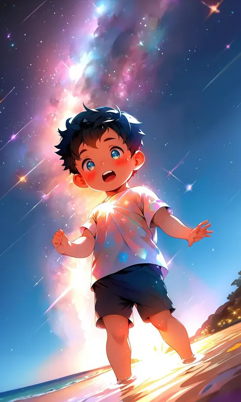 <lora:nijiexp-000010:0.9>, ocean, sparkle, male_focus, horizon, cloud, twilight, open_mouth, child, night_sky, solo, water, 1boy, fireworks, shorts, night, light_particles, outstretched_hand, diffraction_spikes, sunrise, galaxy, sparkler, milky_way, shirt