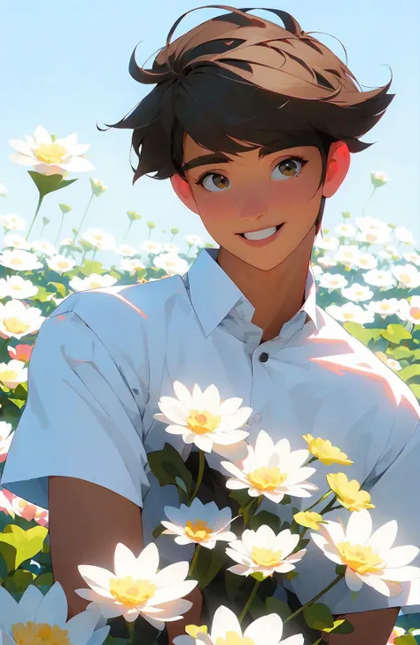 <lora:nijiexpress:0.9> , ((masteepiece,best quality)) ,daisy, flower, lily_\(flower\), white_flower, floral_background, flower_field, lotus, male_focus, lily_pad, flower_\(symbol\), letterboxed, field, 1boy, holding_flower, solo, smile, dandelion, pink_flower, white_rose, shirt, brown_eyes, white_shirt, masterpiece, best quality,