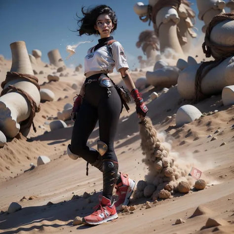 best quality, ultra-detailed, high quality background, masterpiece, epic realistic, (dark shot:1), 1girl, ninja floating, textured clothing, smoke, (((sandstorm))), (flying stone), (((dust explosion:1))), wind, realistic, solo_focus, (dark_background), 3d Model <lora:nijiexp:1>