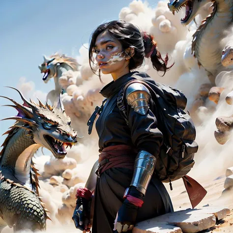 best quality, ultra-detailed, high quality background, masterpiece, epic realistic, (dark shot:1), 1girl, ninja floating, textured clothing, high quality dragon_head, smoke, (((sandstorm))), (flying stone), (((dust explosion:1))), wind, (motion blur), realistic, solo_focus, (dark_background), 3d Model <lora:nijiexp:1>