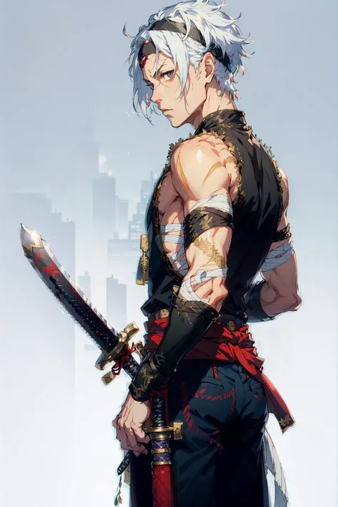 <lora:nijiexp-000010:0.8>,sword, weapon, katana, sheath, male_focus, sheathed, scabbard, bandages, 1boy, headband, white_hair, solo, weapon_on_back, ready_to_draw