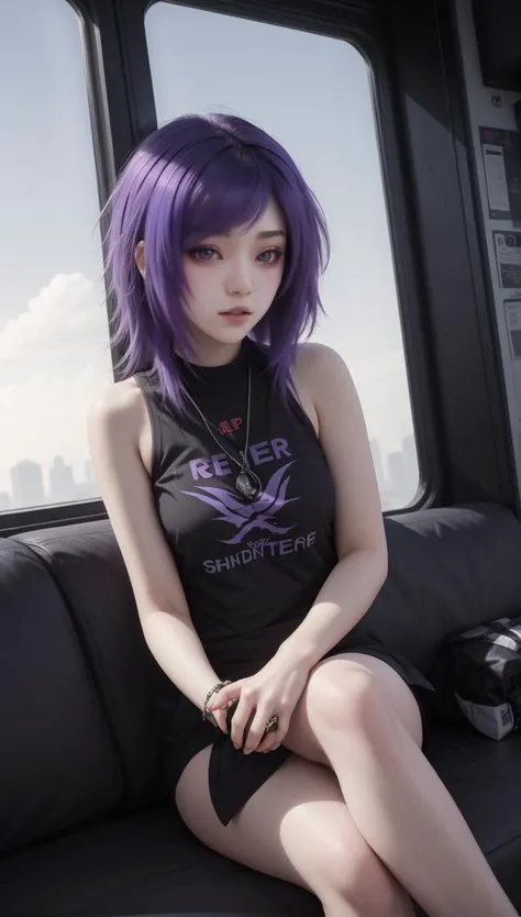 cyberpunk, skyscraper, (bokeh, best quality, masterpiece, highres:1) 1girl, purple hair, <lora:emo_hairstyle:0.5> , short emo_hairstyle , sitting, crossed legs,