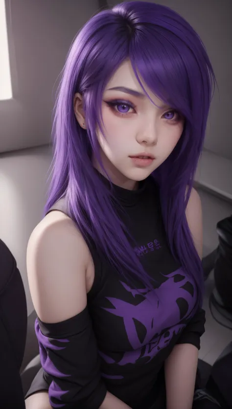 cyberpunk, skyscraper, (bokeh, best quality, masterpiece, highres:1) 1girl, purple hair, ((purple eyeshadow)), <lora:emo_hairstyle:0.5> , short emo_hairstyle ,