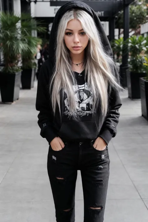 RAW photo, High focus, (emo : 1.1) DV_S3_Momo_Vicious, black and blonde hair, emo_hairstyle, black hoodie,, black jeans, at the mall, very detailed skin, 8k uhd, dslr, professional lighting, high quality, very sharp, 75mm, Fujifilm XT3, shallow depth of field, Full body shot, <lora:emo_hairstyle:0.7>