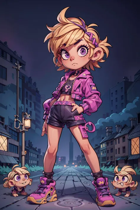 ((best quality, masterpiece)), ((style-swirlmagic):0.3)
1girl, short shorts, sneakers, cropped top, cropped leather jacket, blonde ((emo_hairstyle):1.3) hair , purple eyes, outdoor, ((city, street):1.2), clouds on background,
<lora:more_details:0.5>, <lora:3DMM_V7:1> , <lora:emo_hairstyle:0.4>