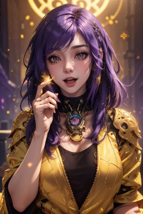 cyberpunk,(bokeh, best quality, masterpiece:1) 1girl, purple hair, purple eyeshadow, (intricate detail),<lora:emo_hairstyle:0.5> , short emo_hairstyle , standing, looking at viewer, open mouth, light smile, floating hair, ((((golden hour)))), ((((warm glow))))