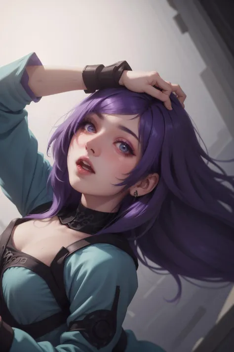 cyberpunk,(bokeh, best quality, masterpiece:1) 1girl, purple hair, purple eyeshadow, (intricate detail),<lora:emo_hairstyle:0.5> , short emo_hairstyle , standing, looking at viewer, portrait, standing, open clothes, open mouth, wide-eyed, surprised, hand in own hair, ((floating hair)), ((backlighting)), bloom,