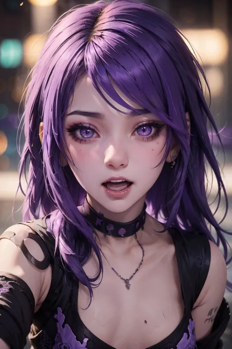 cyberpunk,(bokeh, best quality, masterpiece:1) 1girl, purple hair, purple eyeshadow, (intricate detail),<lora:emo_hairstyle:0.5> , short emo_hairstyle , standing, looking at viewer, portrait, standing, open clothes, open mouth, happy,