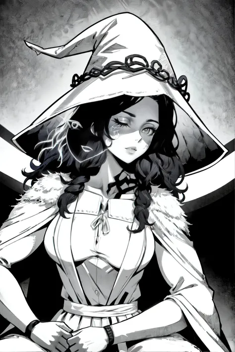 A female character who looks like a victim of terrible burns, brown skin tone due to burns, black eyes, hairless, somewhat pretty appearance despite her seemingly burned skin, high, wearing clothes similar to the old women's dresses of the year 1692, black and white